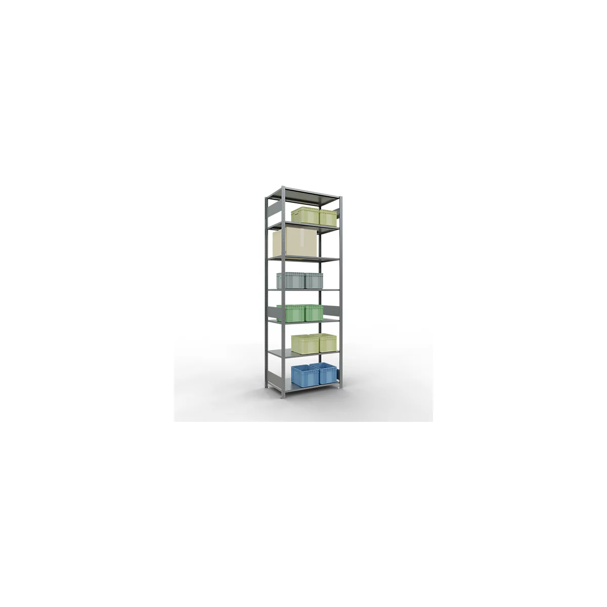 Rayonnage à emboîter MULTIplus150 - utilisable des 2 côtés - module de base - l. 1000 x P 600 x H 3000 mm - 7 étagères - capacité de charge par étagère 150 kg - renforcé par des traverses de longueur - acier - galvanisé