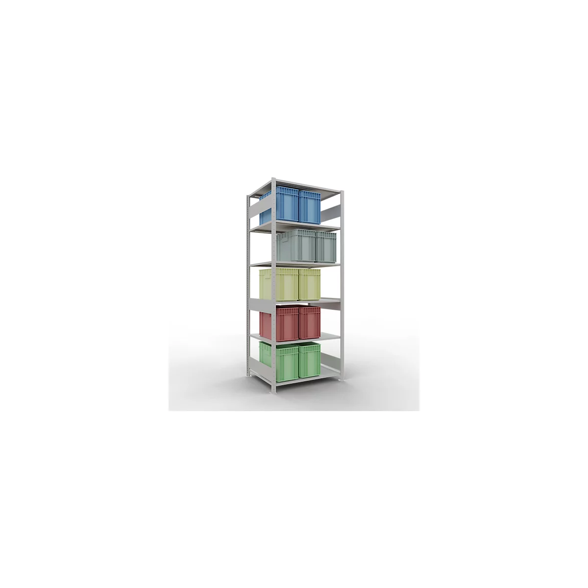 Rayonnage à emboîter MULTIplus150 - utilisable des 2 côtés - module de base - l. 1000 x P 800 x H 2000 mm - 5 étagères - capacité de charge par étagère 150 kg - renforcé par des traverses de longueur - acier - gris clair RAL 7035