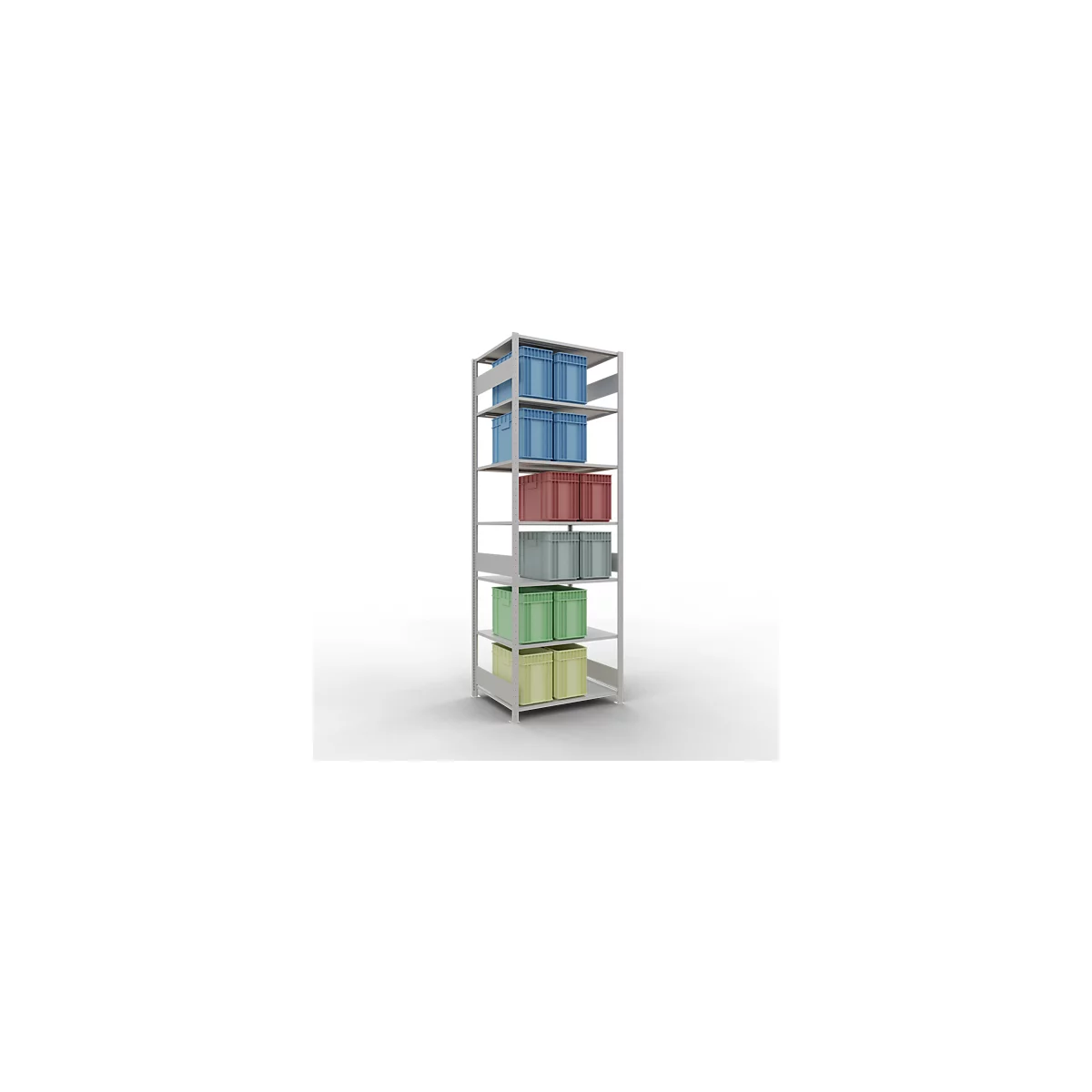 Rayonnage à emboîter MULTIplus150 - utilisable des 2 côtés - module de base - l. 1000 x P 800 x H 3000 mm - 7 étagères - capacité de charge par étagère 150 kg - renforcé par des traverses de longueur - acier - gris clair RAL 7035