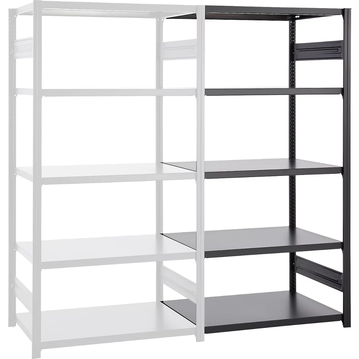 Une étagère en blanc et anthracite, avec quatre étagères. La moitié gauche est blanche, la moitié droite est anthracite.