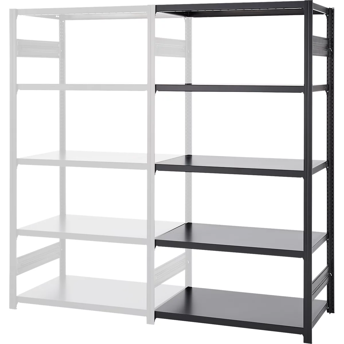 Étagère en métal, moitié blanche, moitié noire, avec 4 étagères.