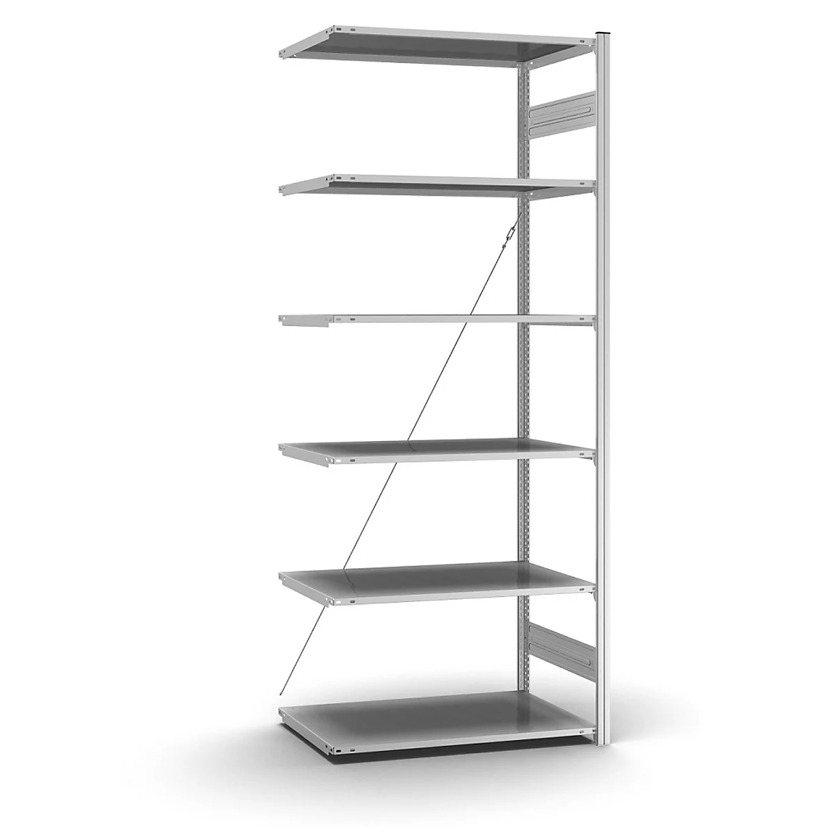 Un système d'étagères argenté avec six niveaux sur fond blanc. Chaque niveau est maintenu par une construction en câble métallique.