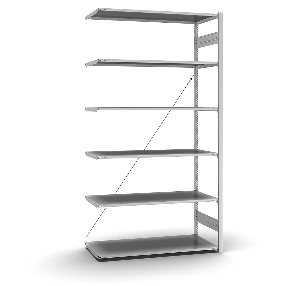 Étagère métallique à six niveaux. Elle se dresse sur un fond blanc. Deux entretoises diagonales stabilisent les étagères.