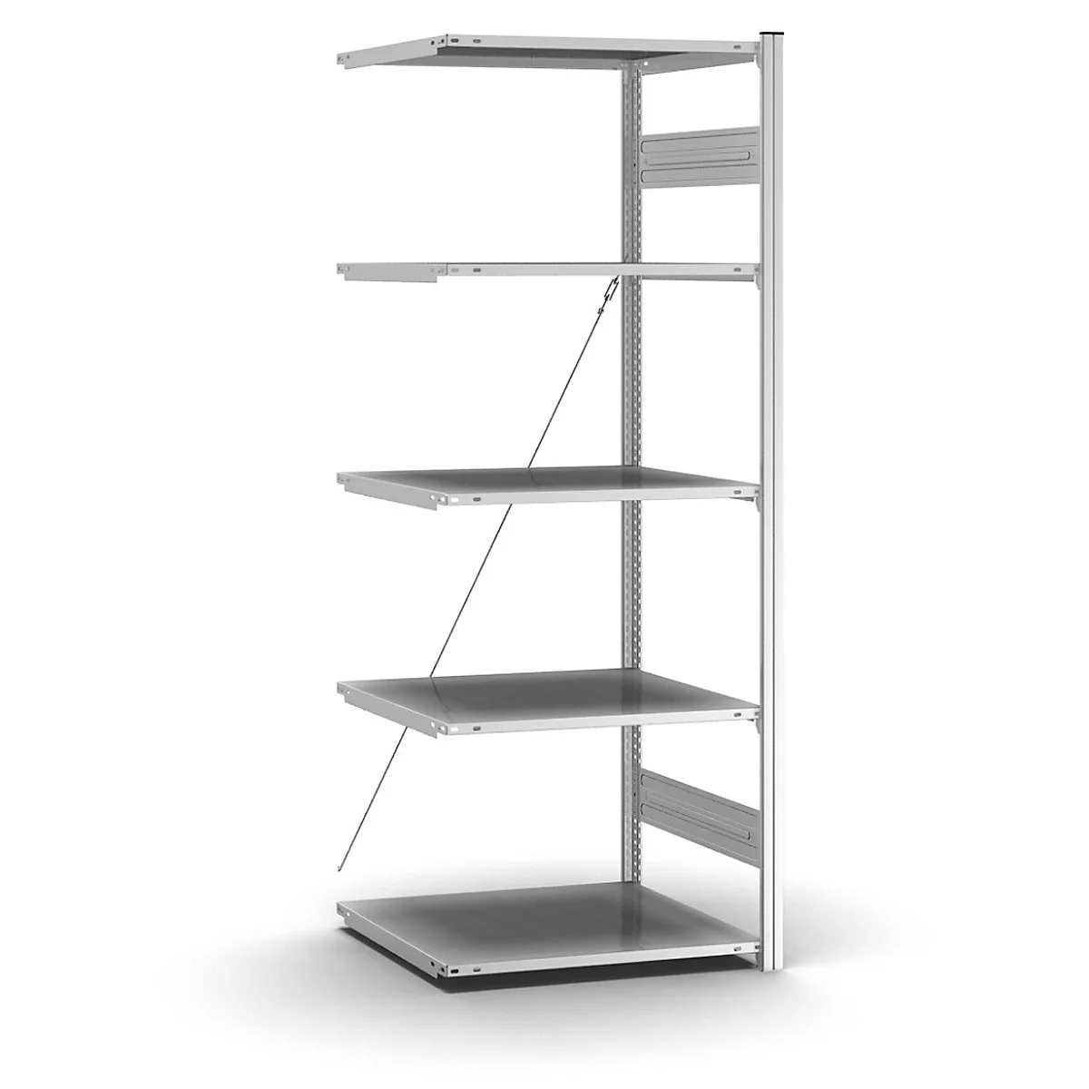 Une étagère métallique argentée avec quatre étagères maintenues par des entretoises métalliques. La construction est fixée à un poteau vertical.