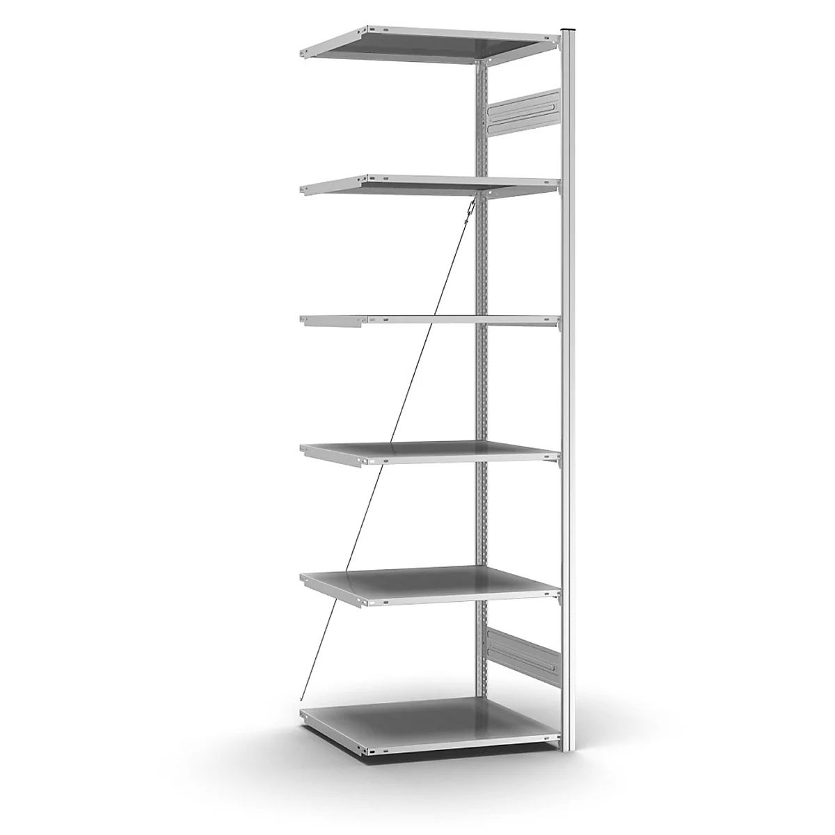 Étagère grise à six niveaux, fixée par de fins câbles. Sur fond clair.