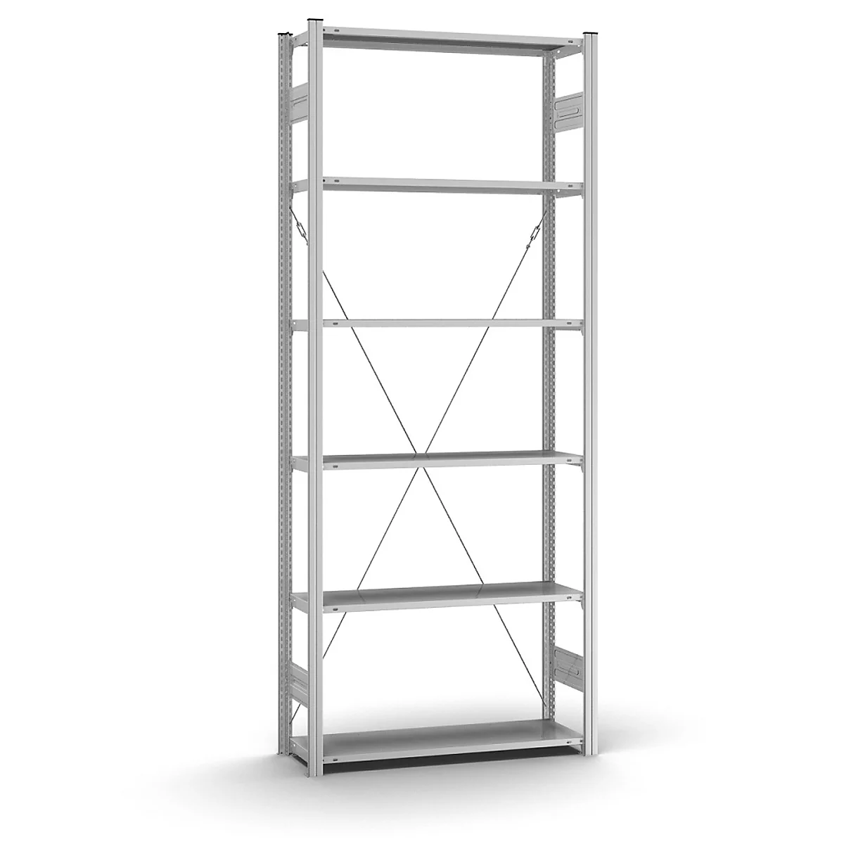 Une étagère métallique argentée avec six étagères, des entretoises diagonales et une base rectangulaire, sur fond blanc.