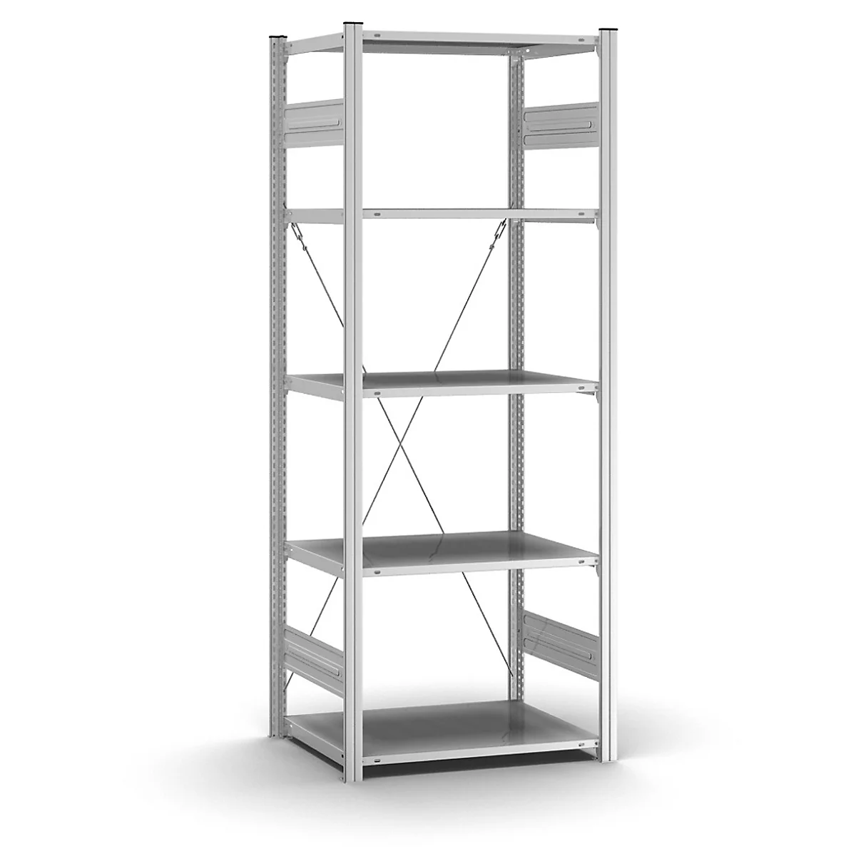 Étagère métallique à quatre étagères. Les supports sont stabilisés avec des entretoises.