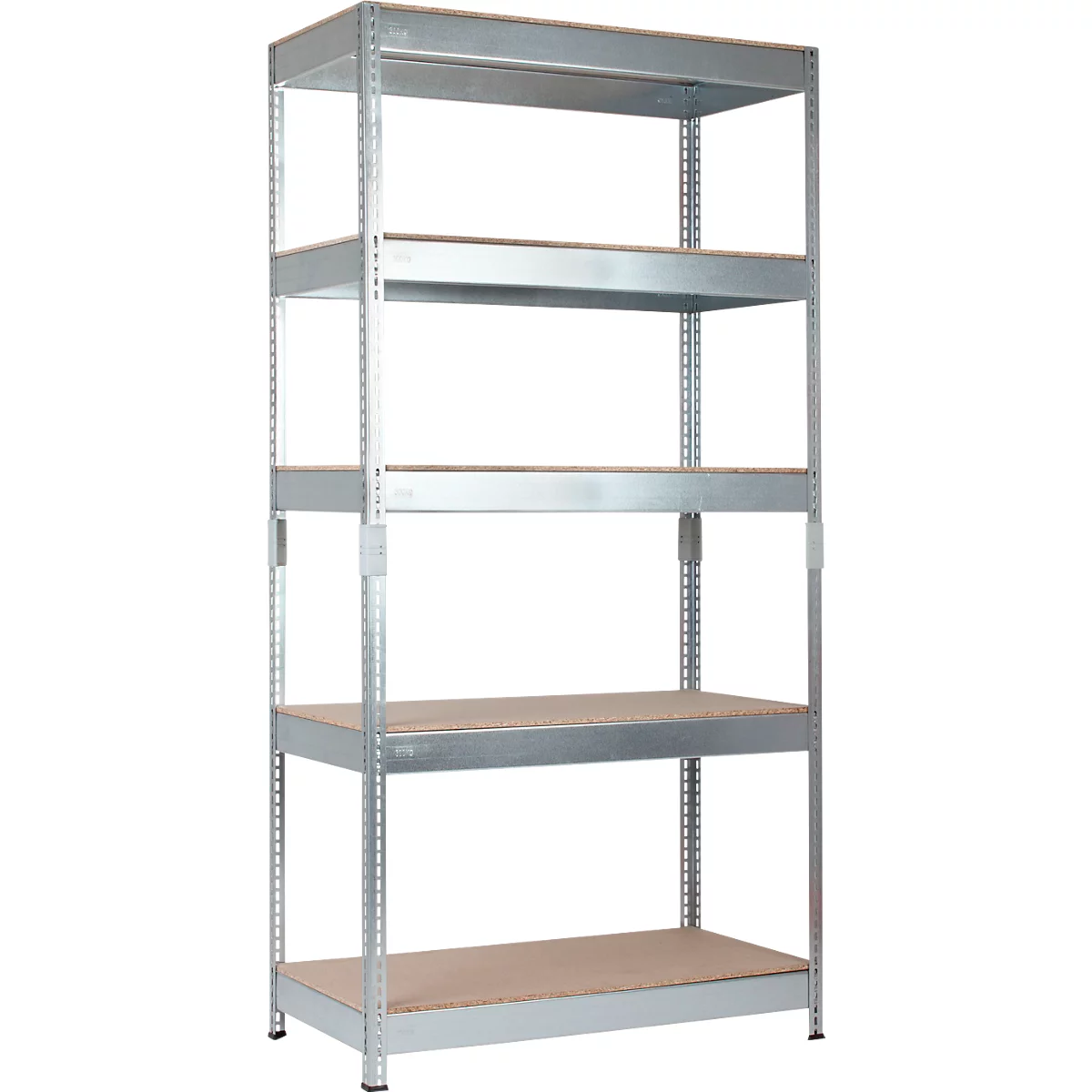 Étagère métallique à cinq niveaux, panneaux en bois, sur fond blanc. Idéal pour le stockage.