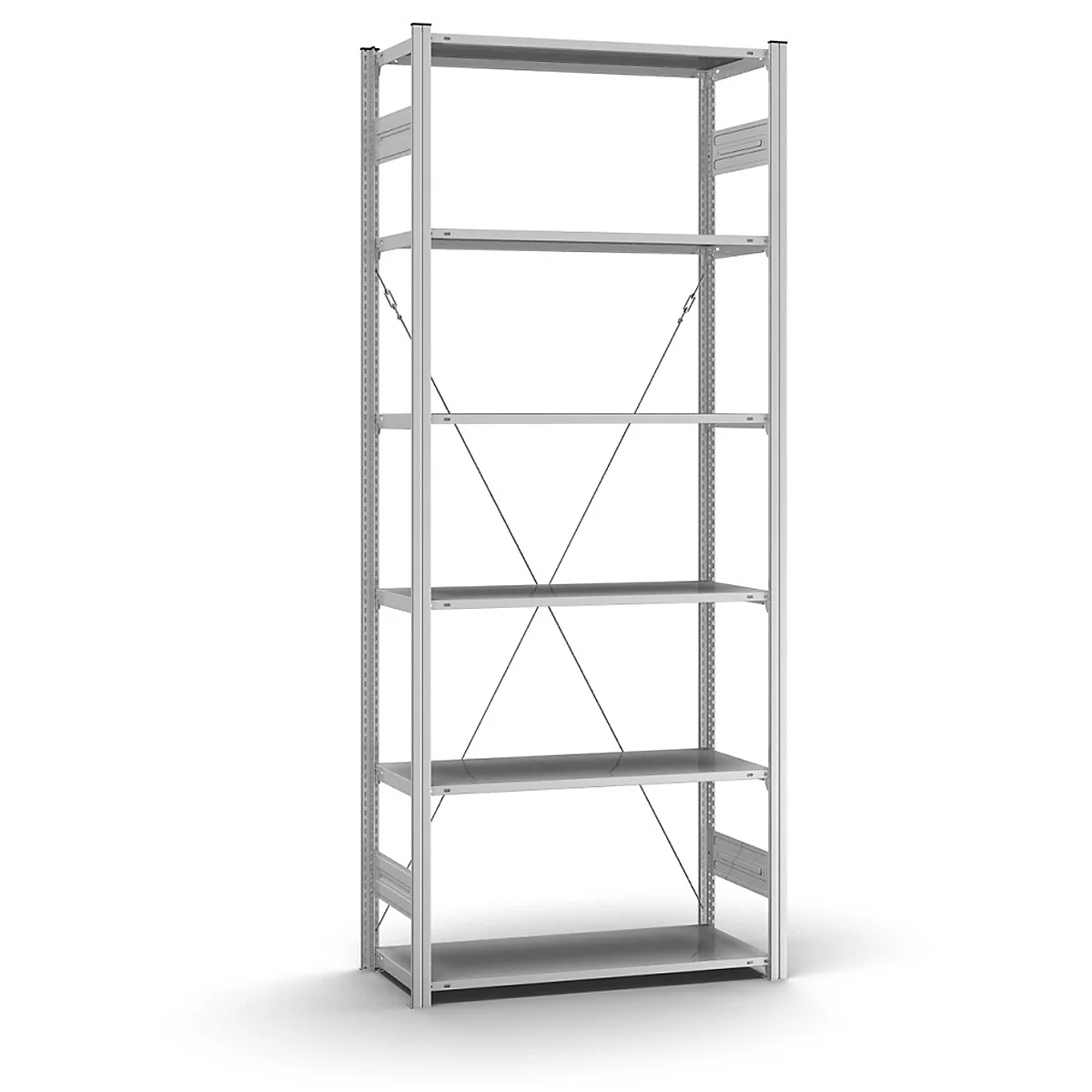 Étagère métallique grise à 5 étagères. Les entretoises renforcent la construction. Le fond est blanc.