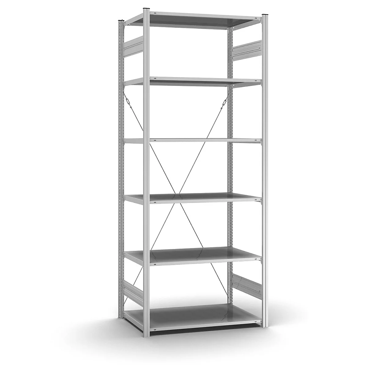 Étagère métallique grise avec six étagères, des entretoises diagonales et une forme rectangulaire.