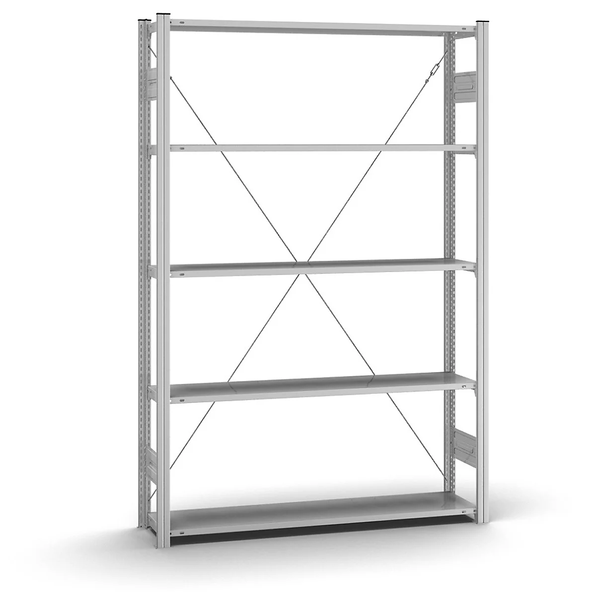 Étagère en métal gris clair avec quatre étagères. Les entretoises diagonales renforcent la construction. Le fond est blanc.