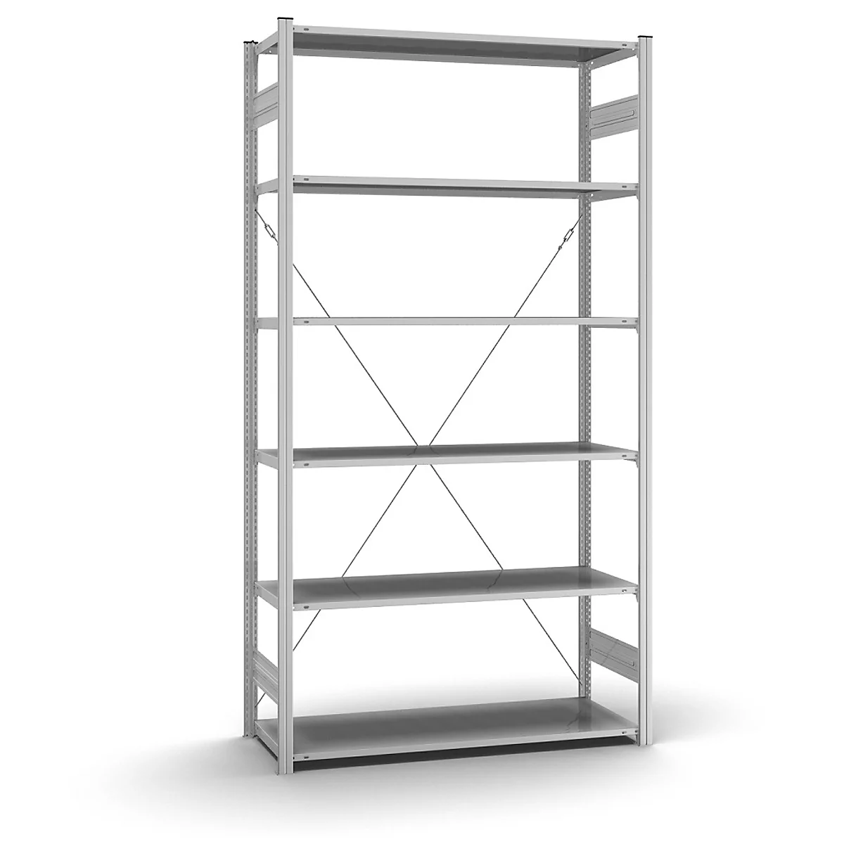 Étagère métallique grise à six niveaux sur fond blanc. Deux barres diagonales stabilisent la construction.
