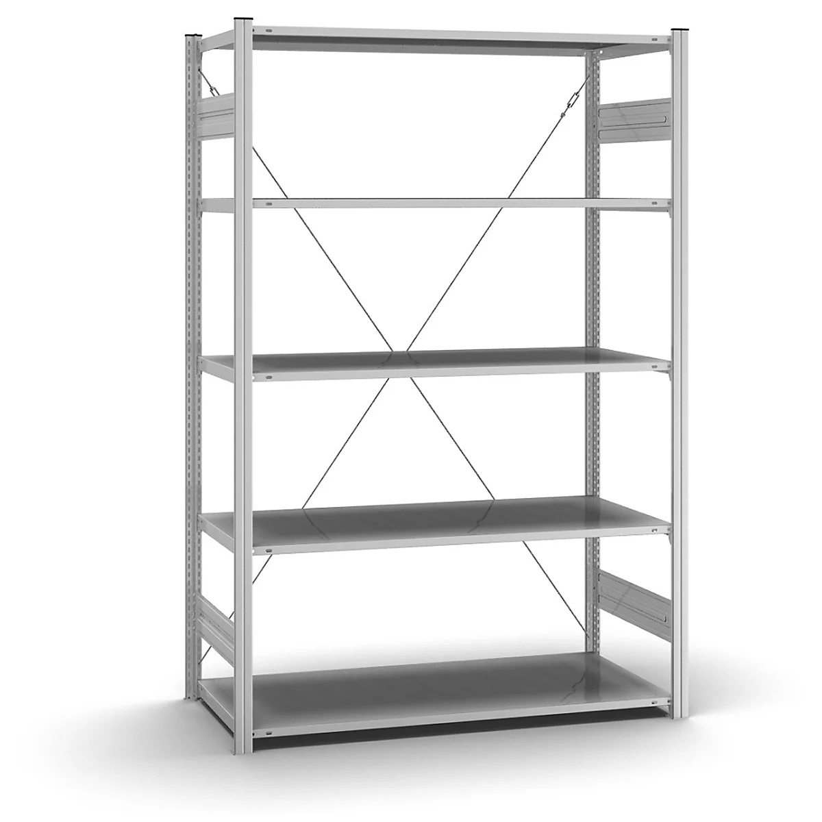 Étagère en métal gris avec quatre étagères sur fond blanc.