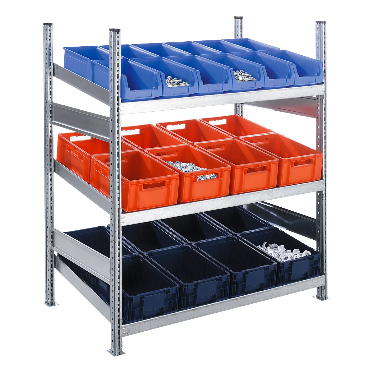 Étagère métallique avec des boîtes en plastique bleues, rouges et noires remplies de petites pièces.