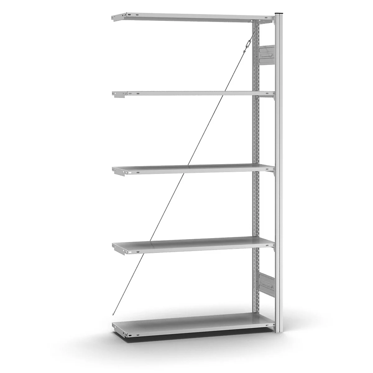 Étagère à cinq étagères, entretoises métalliques et haubans en fil métallique sur fond blanc.
