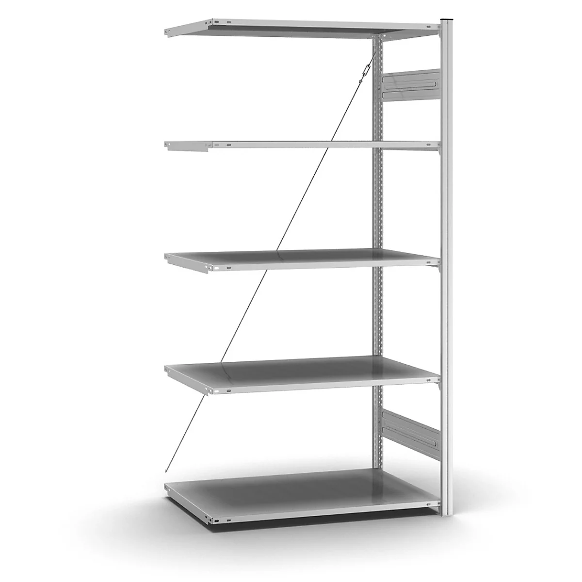 Une étagère murale grise avec cinq étagères soutenues par des entretoises métalliques. Le fond est blanc.