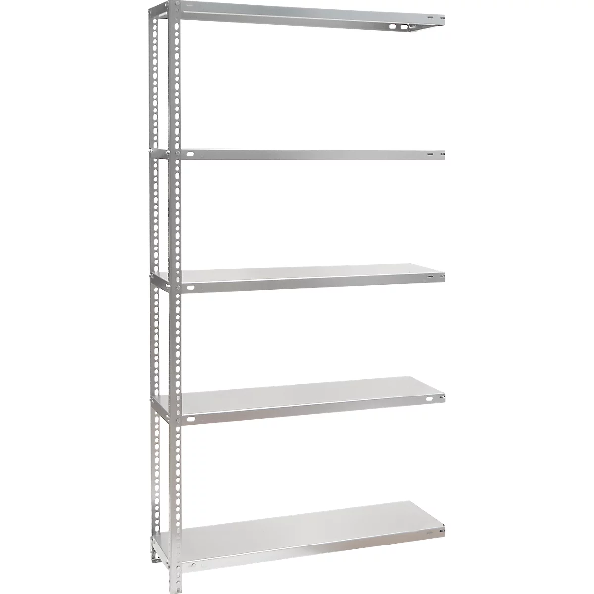 Étagère métallique à cinq niveaux, de couleur argent. Les côtés sont perforés de trous. L'étagère est posée sur un fond blanc.