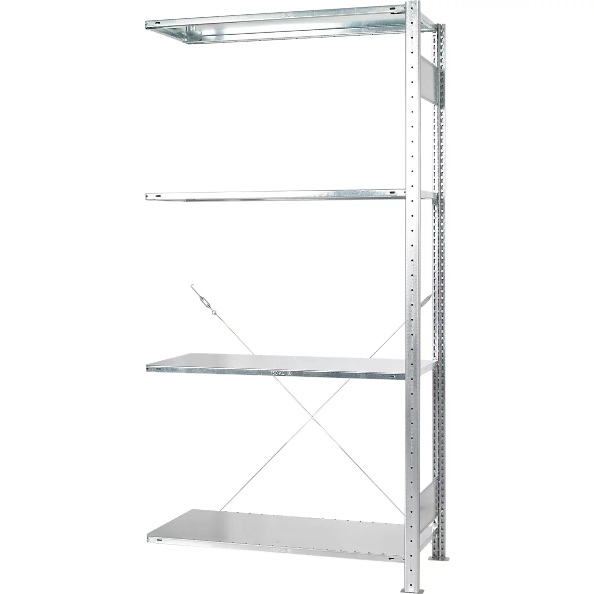 Un système d'étagères argenté et vide avec quatre étagères et des entretoises en croix. La structure métallique se dresse sur un fond blanc.