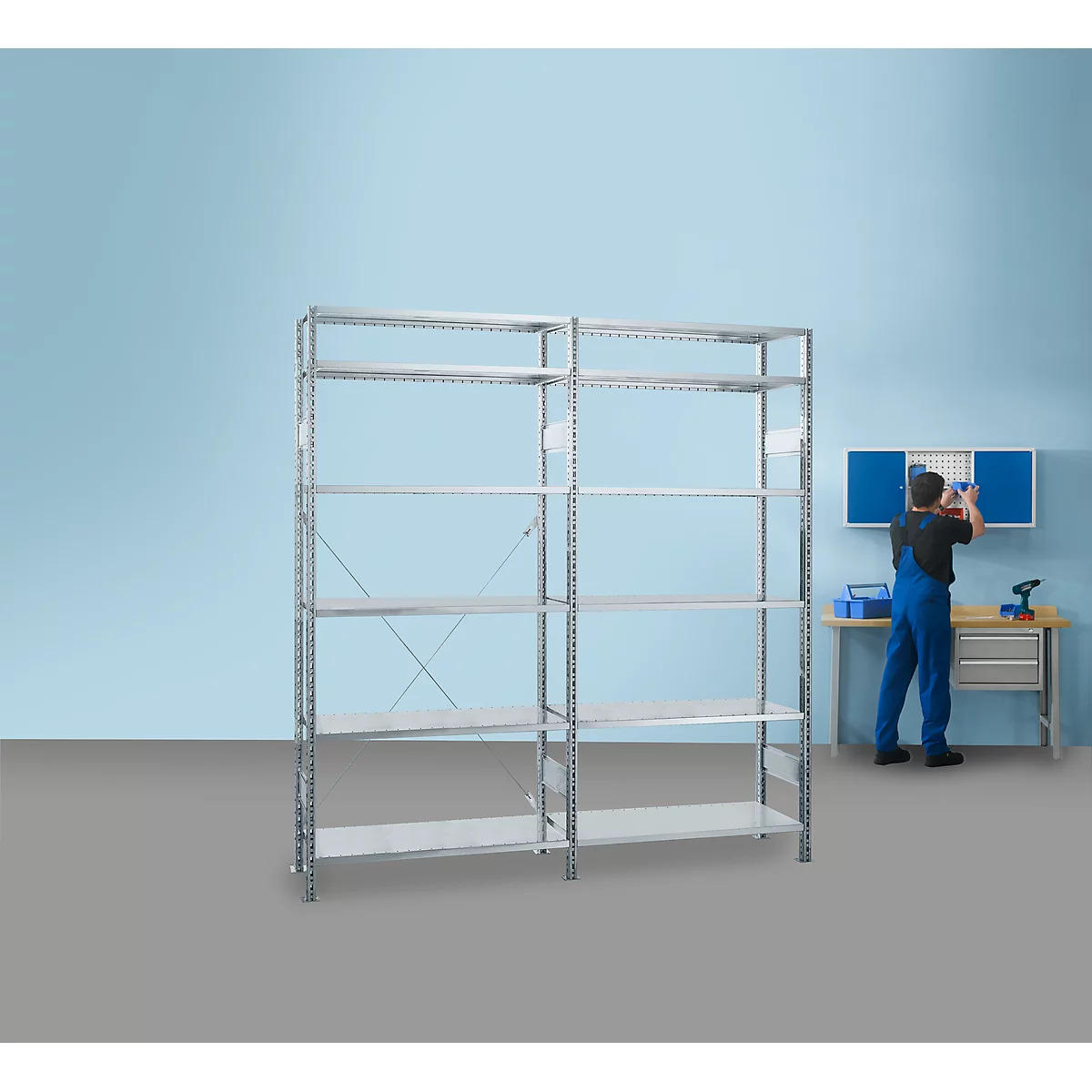 Rayonnage de base R 3000, 6 tablettes, l. 1345 mm x P 600 mm, étagères galvanisées