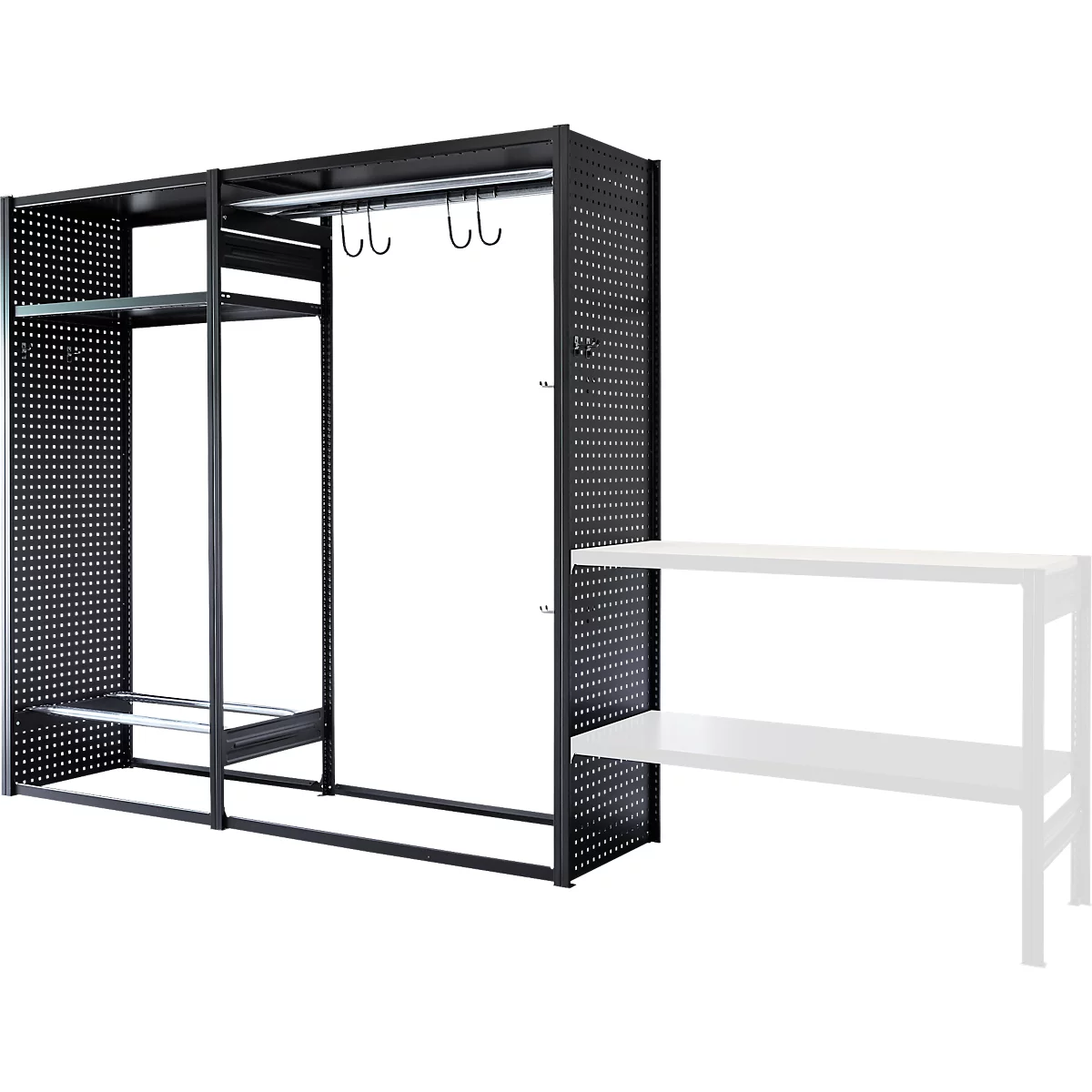 Rayonnage de loisirs/multi-rayonnage emboîtable ORDO Flex, multifonctionnel, 3 tablettes, sans établi, charge admissible par élément 500 kg, L 2370 x P 635 x 2200 mm, noir profond RAL 9005