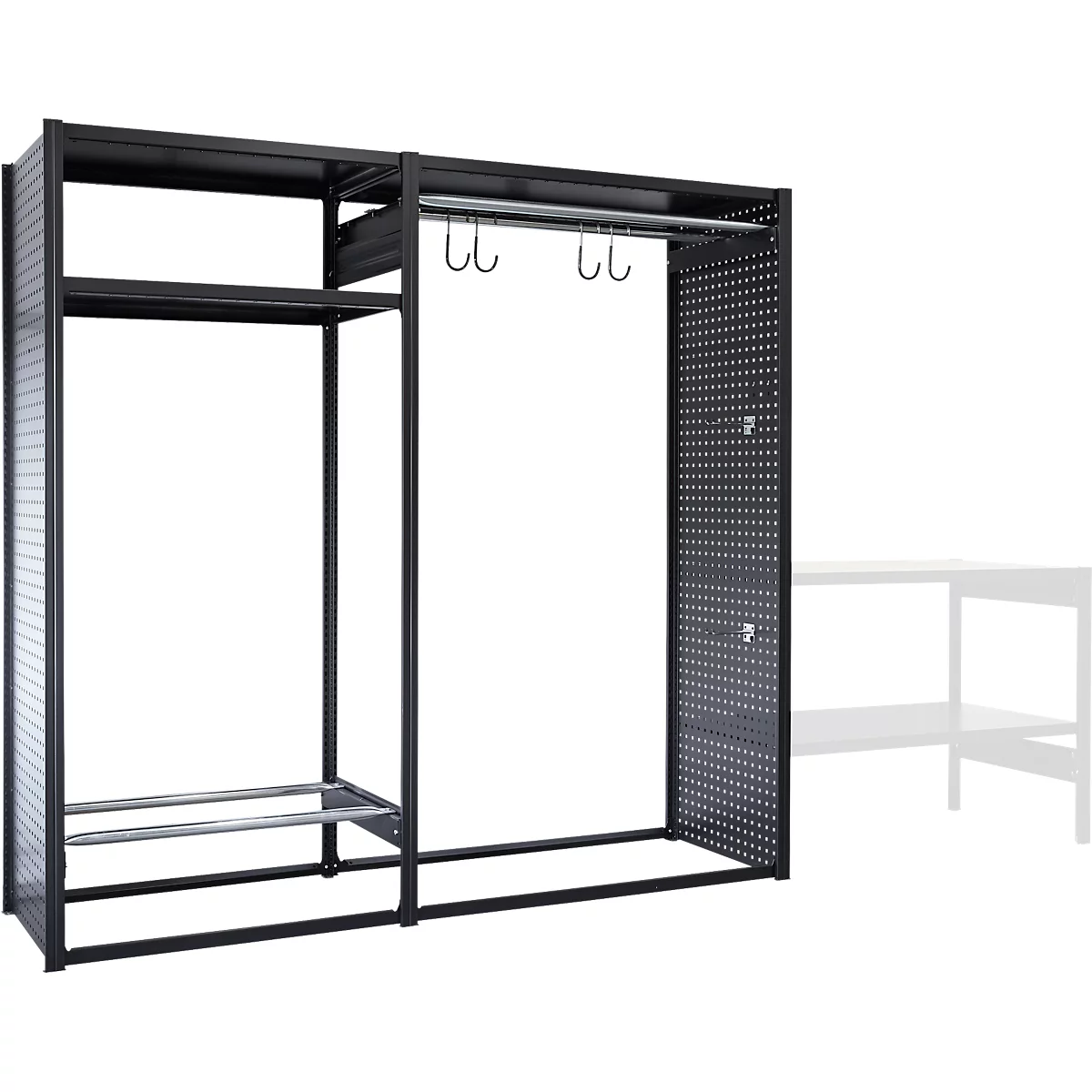 Rayonnage de loisirs/multi-rayonnage emboîtable ORDO Flex, multifonctionnel, 3 tablettes, sans établi, charge admissible par élément 500 kg, L 2370 x P 635 x 2200 mm, noir profond RAL 9005