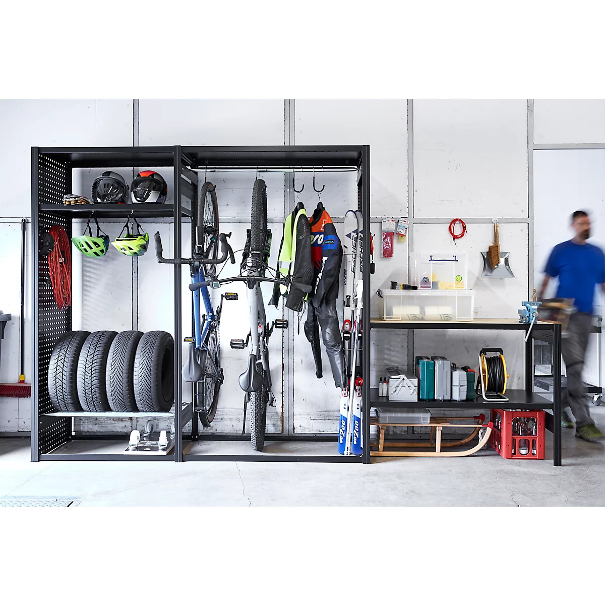 Rayonnage de loisirs/multi-rayonnage emboîtable ORDO Flex, multifonctionnel, 3 tablettes, sans établi, charge admissible par élément 500 kg, L 2370 x P 635 x 2200 mm, noir profond RAL 9005