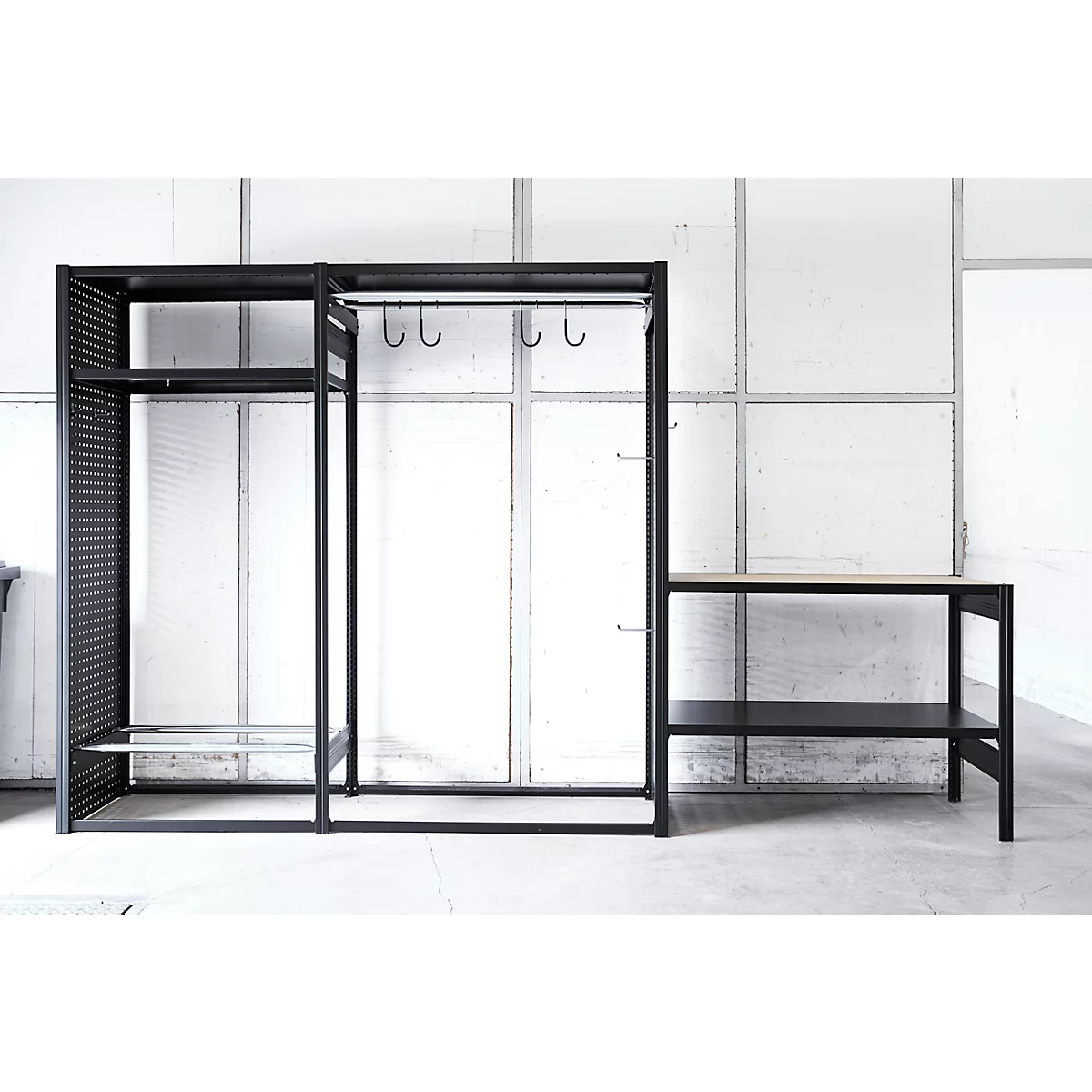 Rayonnage de loisirs/multi-rayonnage emboîtable ORDO Flex, multifonctionnel, 3 tablettes, sans établi, charge admissible par élément 500 kg, L 2370 x P 635 x 2200 mm, noir profond RAL 9005