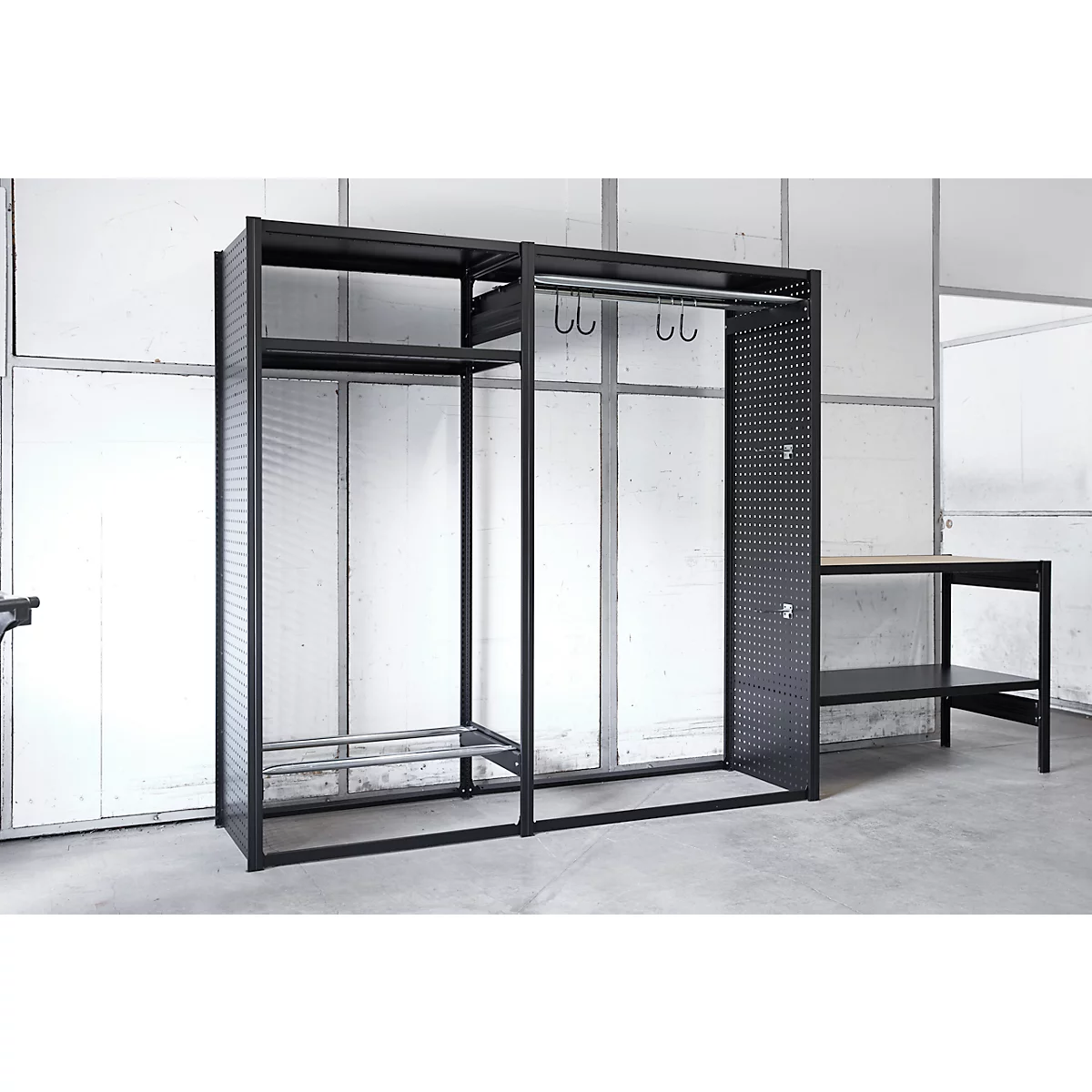 Rayonnage de loisirs/multi-rayonnage emboîtable ORDO Flex, multifonctionnel, 3 tablettes, sans établi, charge admissible par élément 500 kg, L 2370 x P 635 x 2200 mm, noir profond RAL 9005