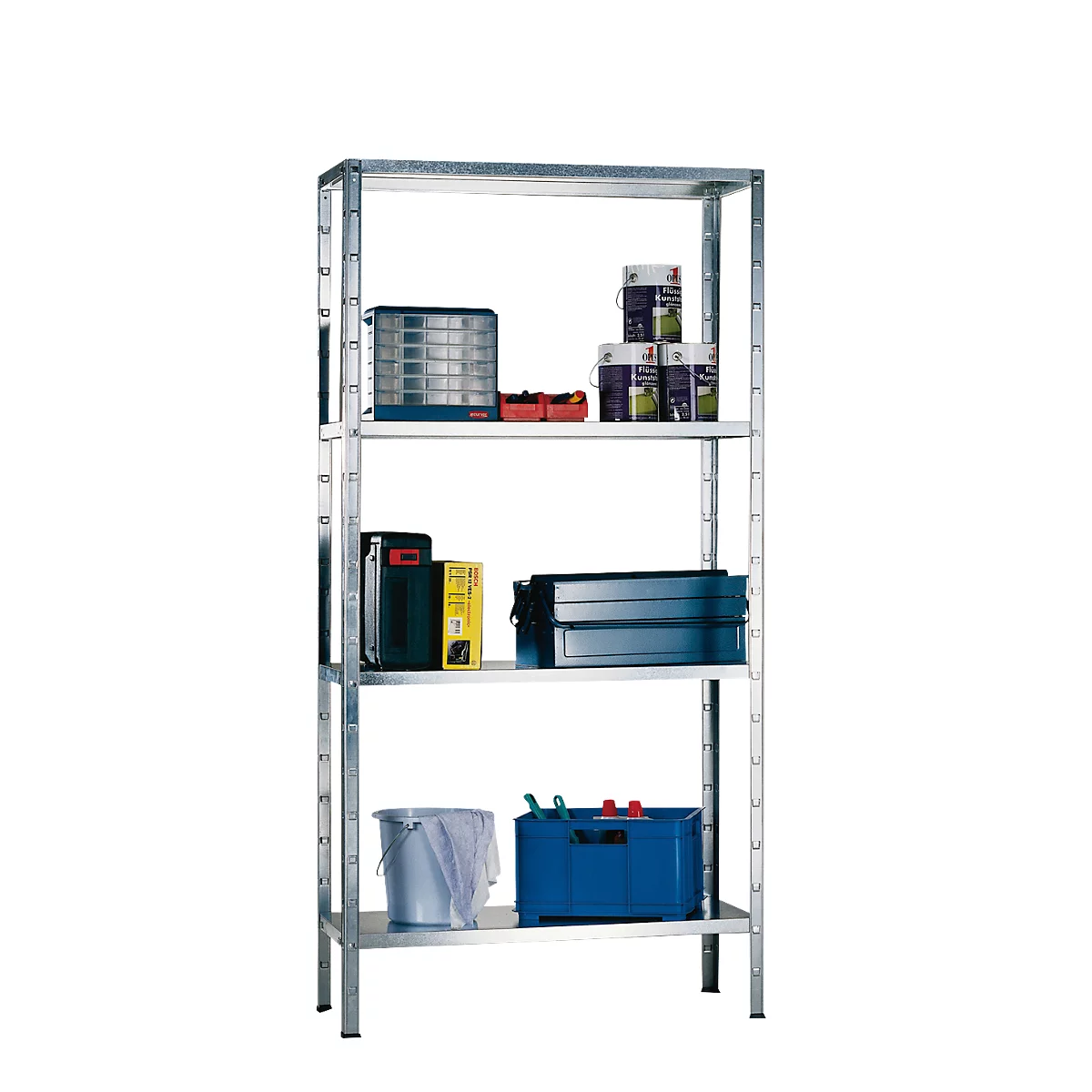 Rayonnage emboîtable modulaire, rayonnage de base, 4 tablettes réglables, L 800 x P 300 x H 1500 mm, acier galvanisé, argenté