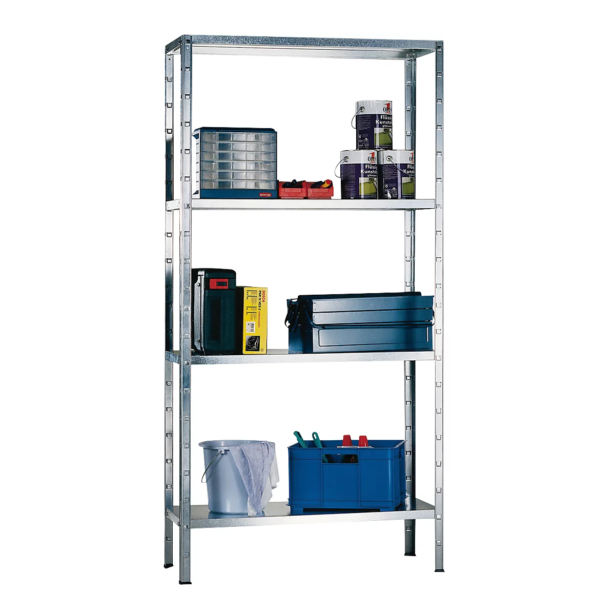 Rayonnage emboîtable modulaire, rayonnage de base, 4 tablettes réglables, L 800 x P 300 x H 1500 mm, acier galvanisé, argenté