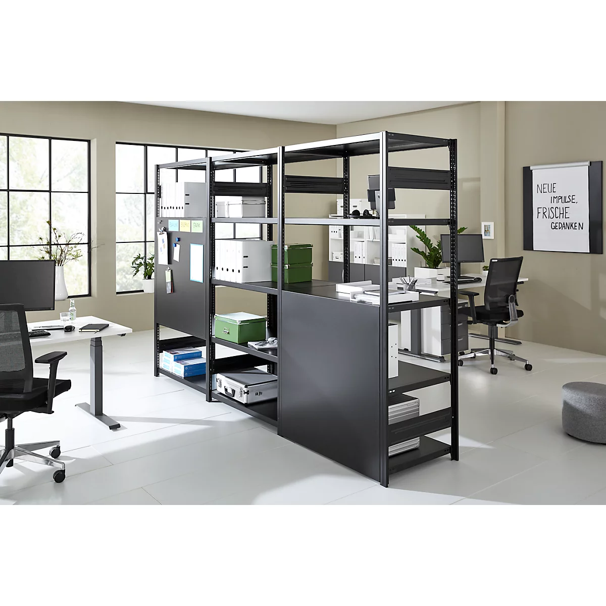 Rayonnage emboîtable ORDO Business - acier - 1 élément de base + 2 éléments d'extension – modulaire – charge admissible 1200 kg - l. 3080 x P 535 x H 2000 mm - avec 15 tablettes – noir profond RAL 9005