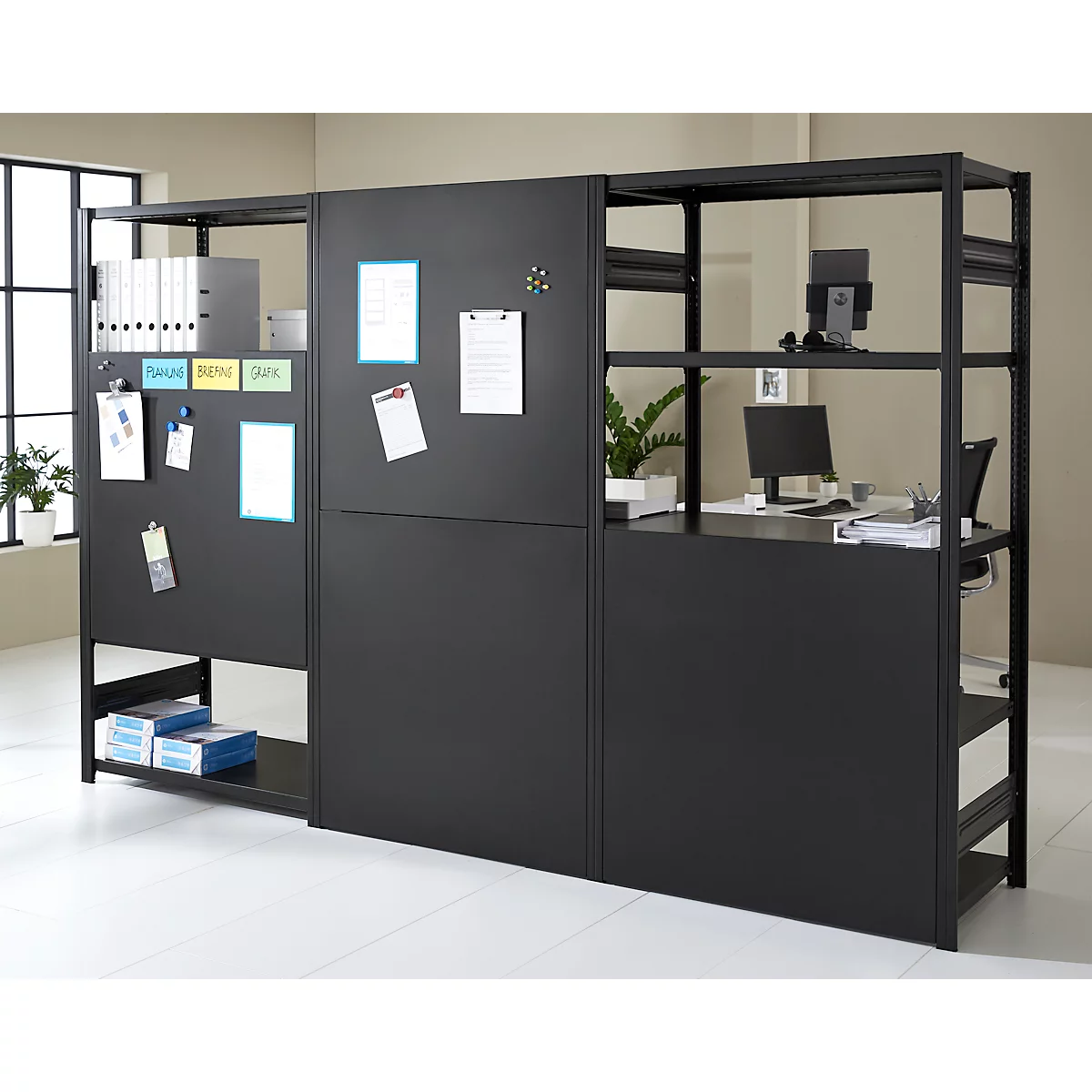 Rayonnage emboîtable ORDO Business - acier - 1 élément de base + 2 éléments d'extension – modulaire – charge admissible 1200 kg - l. 3080 x P 535 x H 2000 mm - avec 15 tablettes – noir profond RAL 9005