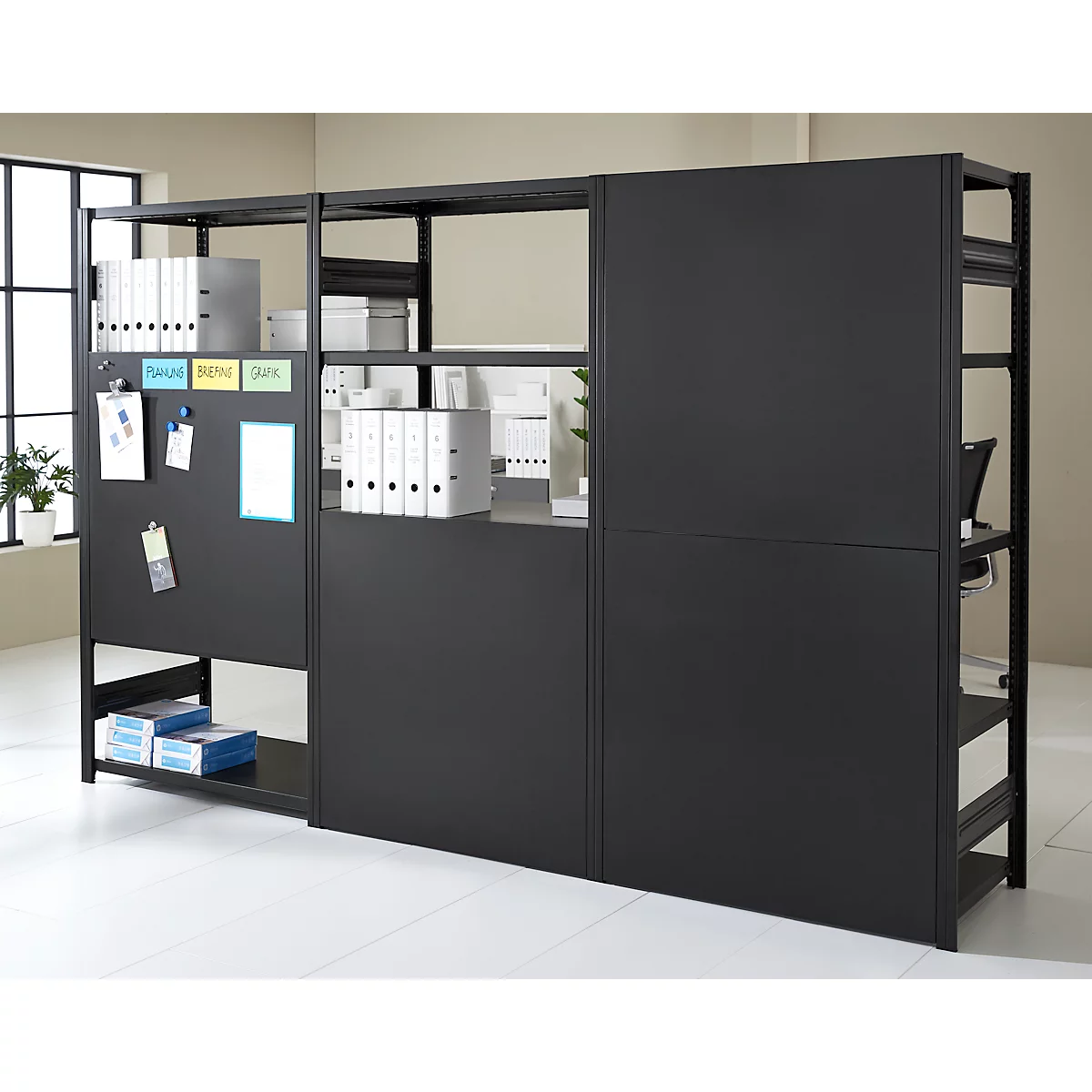 Rayonnage emboîtable ORDO Business - acier - 1 élément de base + 2 éléments d'extension – modulaire – charge admissible 1200 kg - l. 3080 x P 535 x H 2000 mm - avec 15 tablettes – noir profond RAL 9005