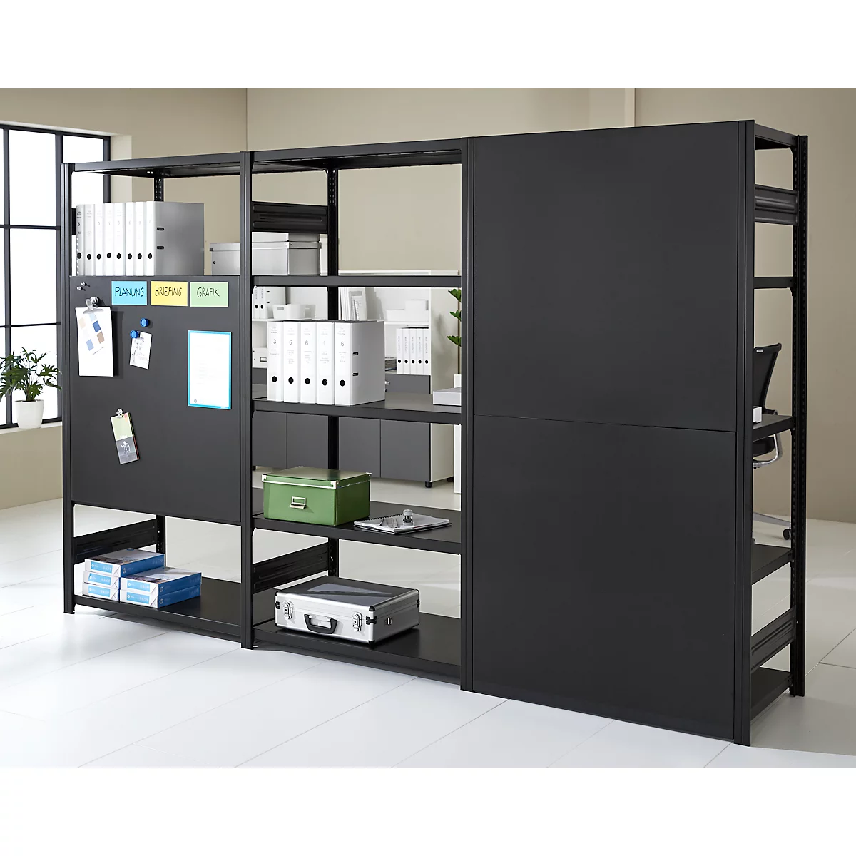 Rayonnage emboîtable ORDO Business - acier - 1 élément de base + 2 éléments d'extension – modulaire – charge admissible 1200 kg - l. 3080 x P 535 x H 2000 mm - avec 15 tablettes – noir profond RAL 9005