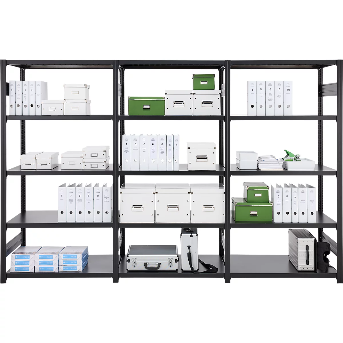 Rayonnage emboîtable ORDO Business - acier - 1 élément de base + 2 éléments d'extension – modulaire – charge admissible 1200 kg - l. 3080 x P 535 x H 2000 mm - avec 15 tablettes – noir profond RAL 9005