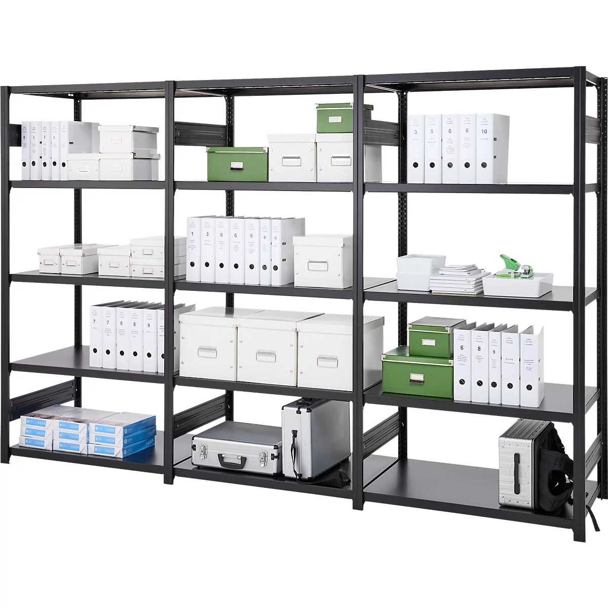 Rayonnage emboîtable ORDO Business - acier - 1 élément de base + 2 éléments d'extension – modulaire – charge admissible 1200 kg - l. 3080 x P 535 x H 2000 mm - avec 15 tablettes – noir profond RAL 9005