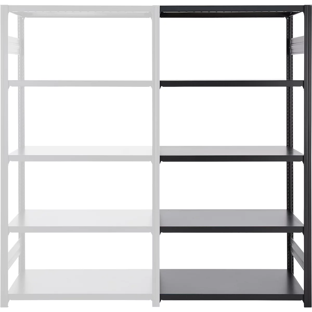 Rayonnage emboîtable ORDO Business - acier - élément d'extension – modulaire – charge admissible 1200 kg - l. 1010 x P 435 x H 2000 mm - avec 5 tablettes – noir profond mat RAL 9005