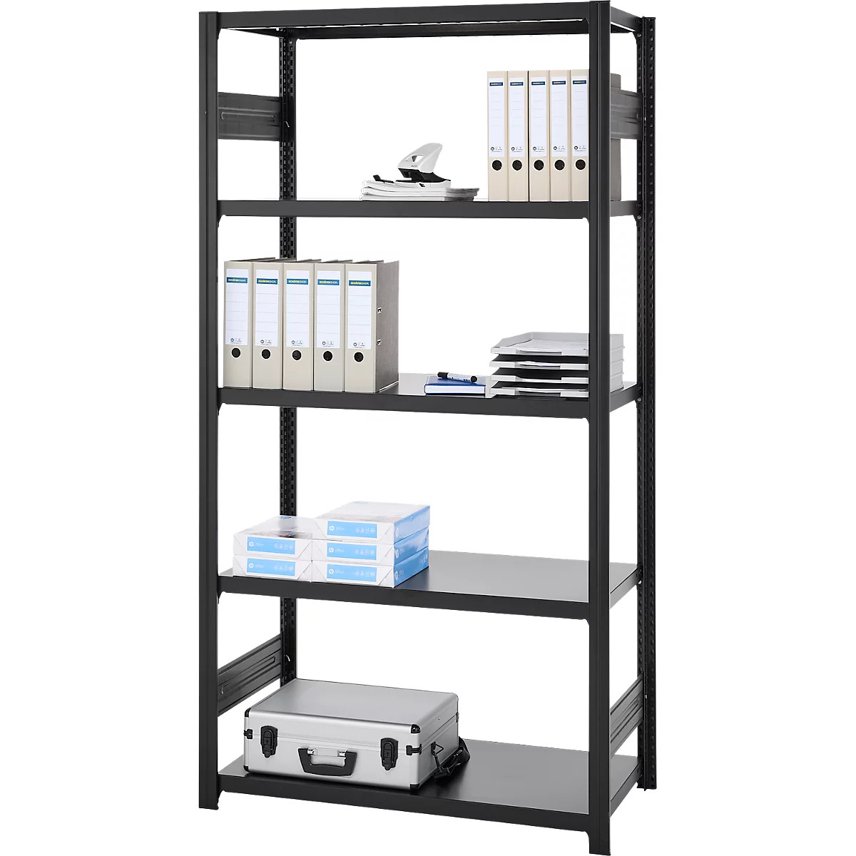 Rayonnage emboîtable ORDO Business, rayonnage de base, modulaire, 5 tablettes, charge admissible par tablette 140 kg, charge admissible par élément 1200 kg, L 1060 x P 435 x H 2000 mm, acier, noir