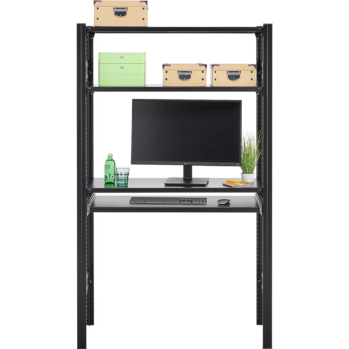 Rayonnage emboîtable ORDO Home, rayonnage de base, 3 tablettes, multifonctionnel, mobile, L 1060 x P 435 x H 1750 mm, noir profond mat RAL 9005