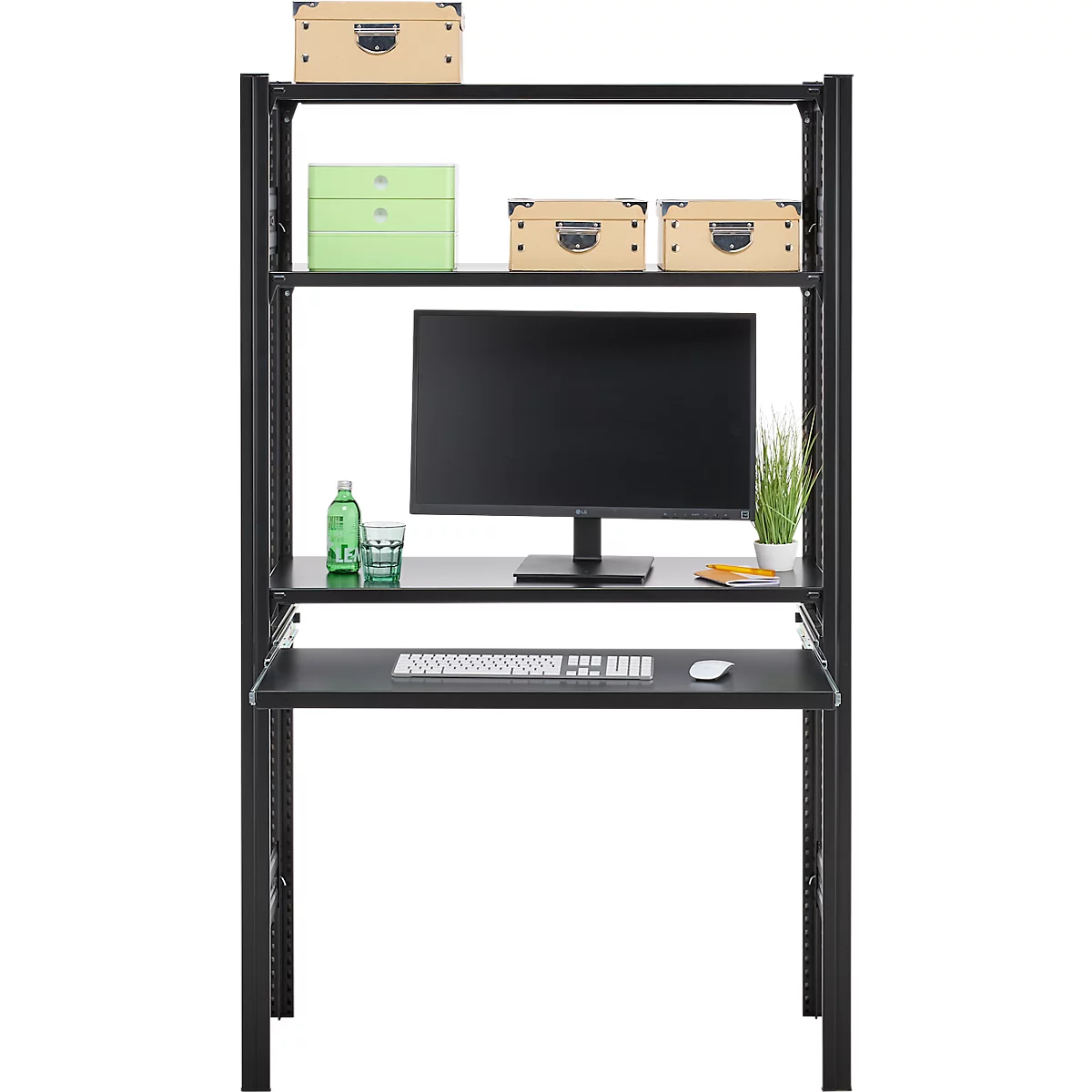 Rayonnage emboîtable ORDO Home, rayonnage de base, 3 tablettes, multifonctionnel, mobile, L 1060 x P 435 x H 1750 mm, noir profond mat RAL 9005