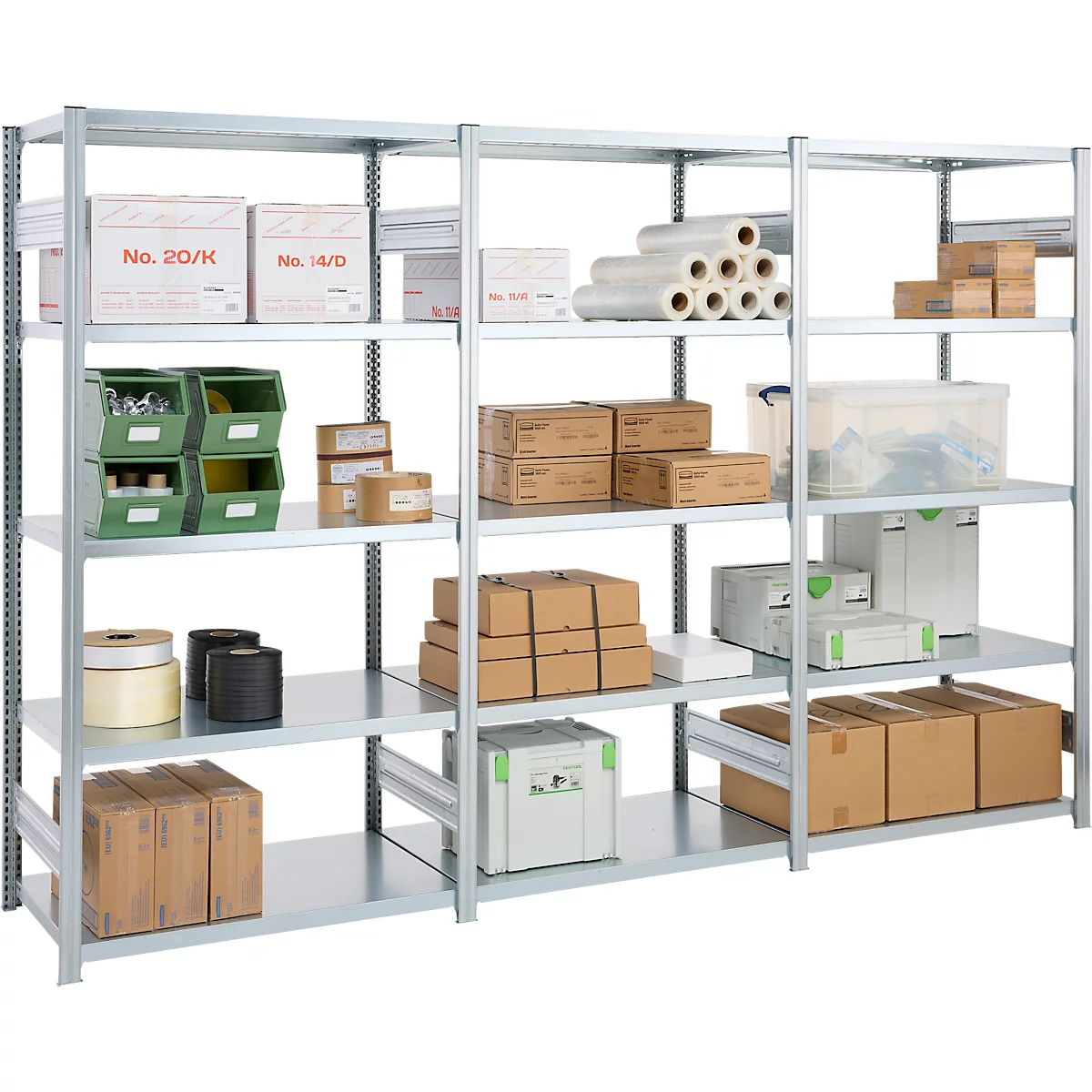 Rayonnage emboîtable ORDO Industry - acier - 1 élément de base + 2 éléments d'extension – modulaire – charge admissible 1200 kg - l. 2330 x P 635 x H 2000 mm - avec 15 tablettes – galvanisé