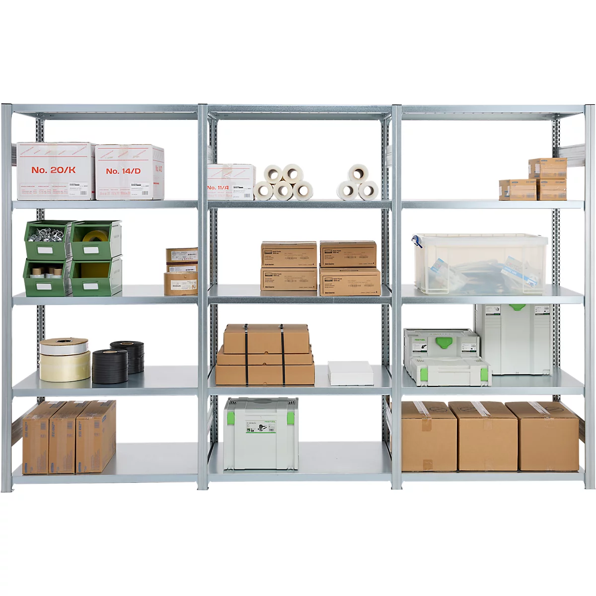 Rayonnage emboîtable ORDO Industry - acier - 1 élément de base + 2 éléments d'extension – modulaire – charge admissible 1200 kg - l. 3080 x P 535 x H 2000 mm - avec 15 tablettes – galvanisé