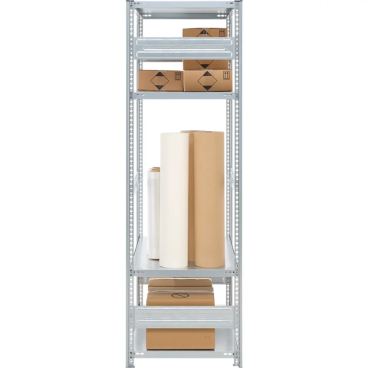 Étagère avec rouleaux de papier, boîtes en carton et un rouleau de papier blanc. Étagère en métal gris, fond blanc.