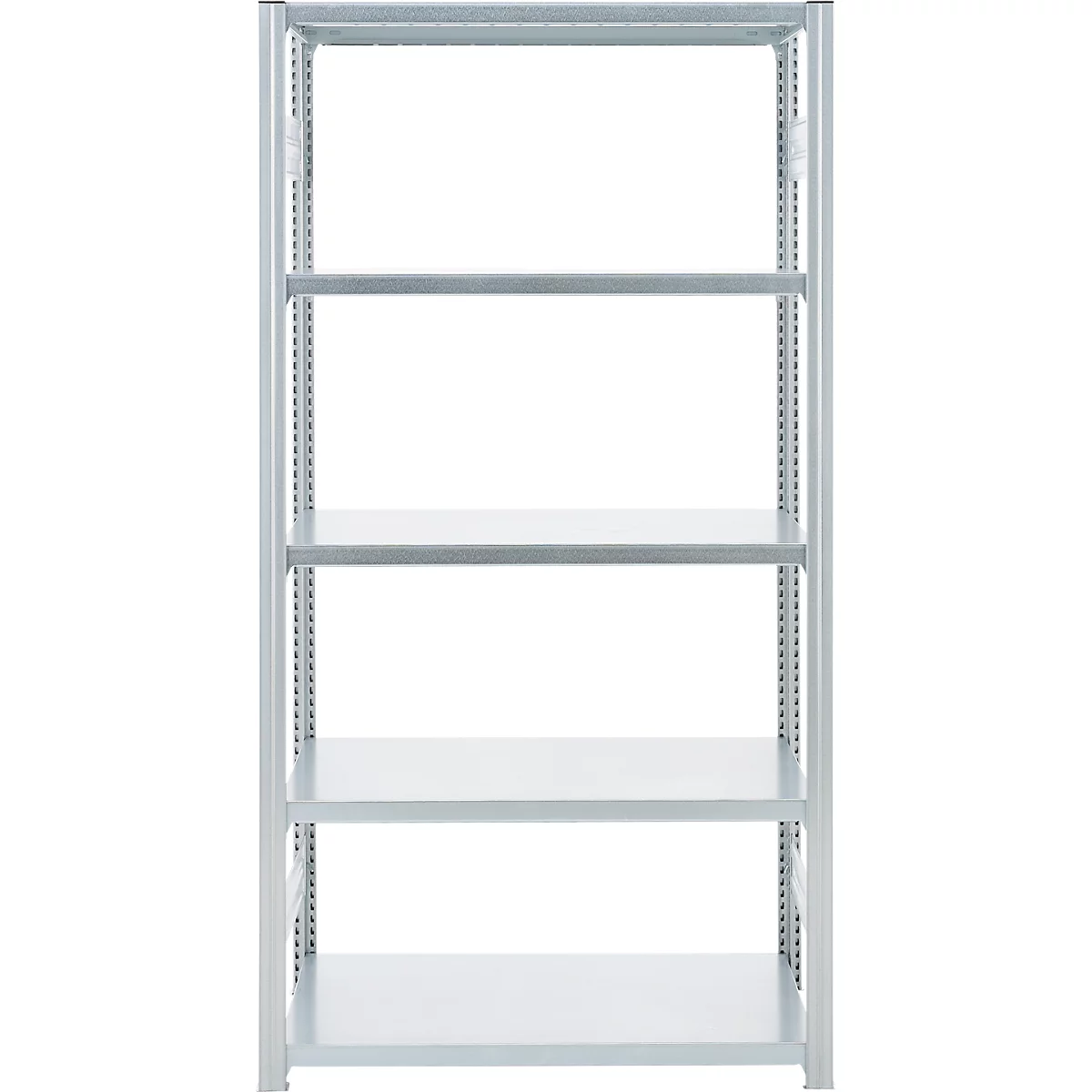 Étagère métallique grise à 5 niveaux sur fond blanc.