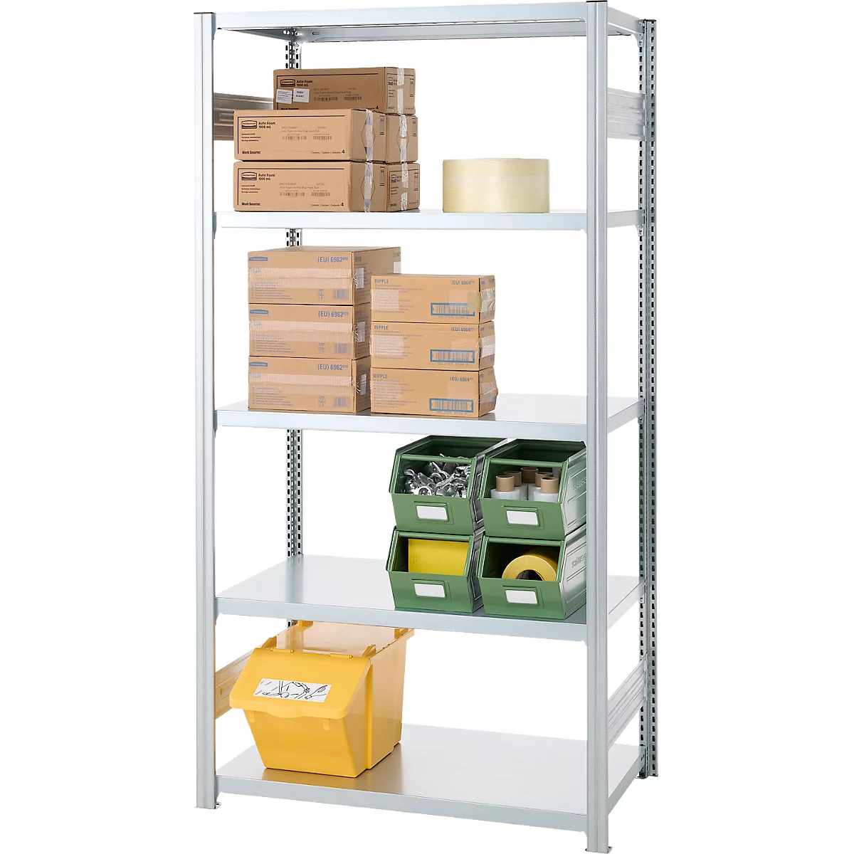 Rayonnage emboîtable ORDO Industry, élément de base, modulaire, 5 tablettes, charge admissible par tablette 140 kg, charge admissible par élément 1200 kg, L 810 x P 435 x H 2000 mm, acier galvanisé