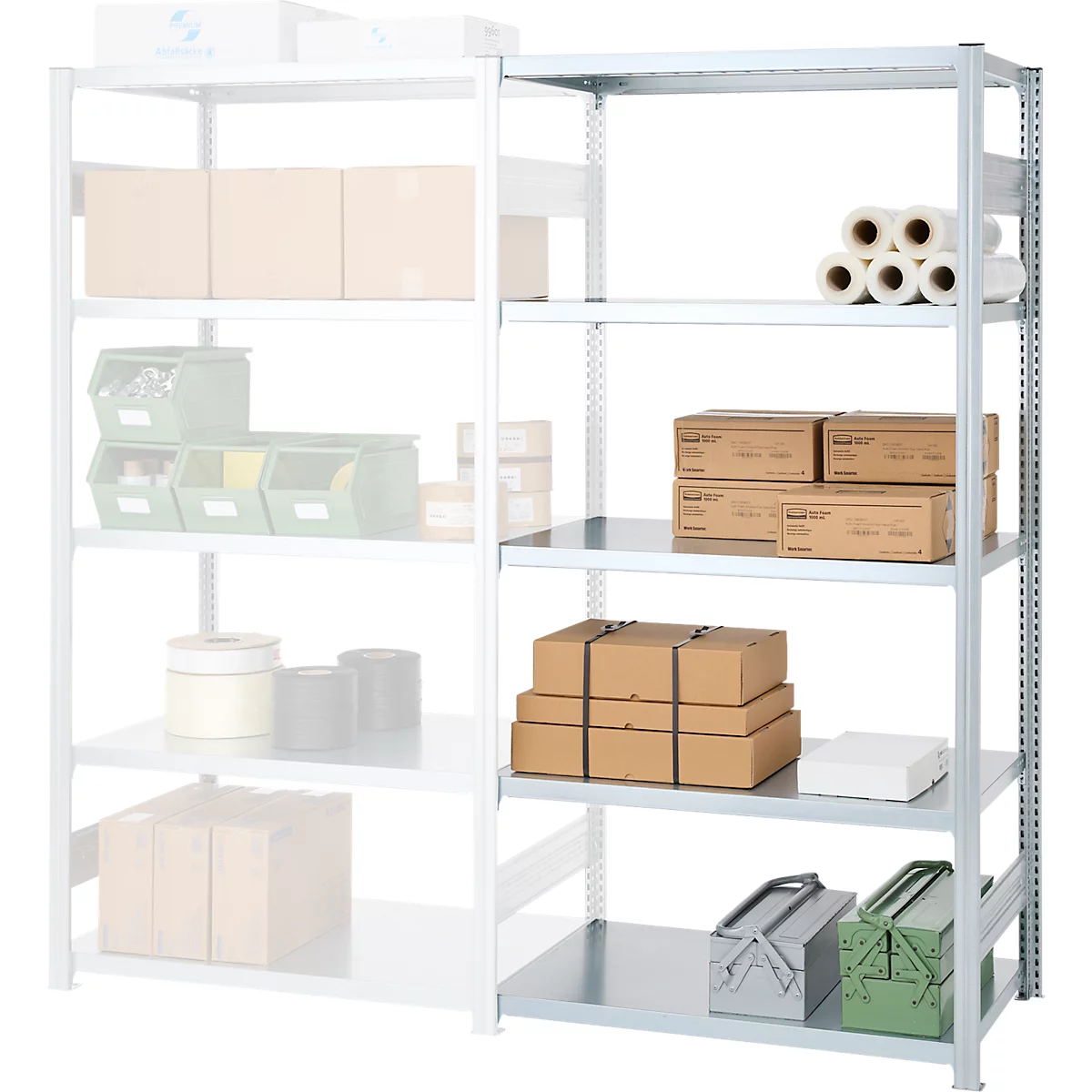 Rayonnage emboîtable ORDO Industry, rayonnage additionnel, modulaire, 5 tablettes, charge admissible par tablette 140 kg, charge admissible par élément 1200 kg, L 760 x P 835 x H 2000 mm, acier galvanisé