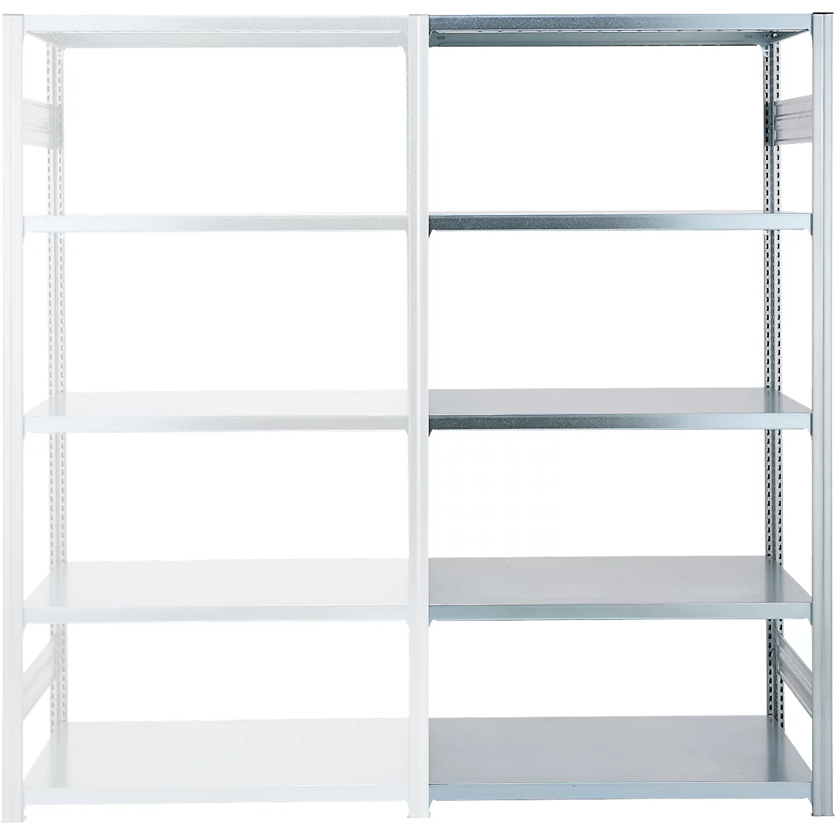 Étagère métallique à plusieurs niveaux, représentée en partie en gris et en blanc. Les étagères sont vides.