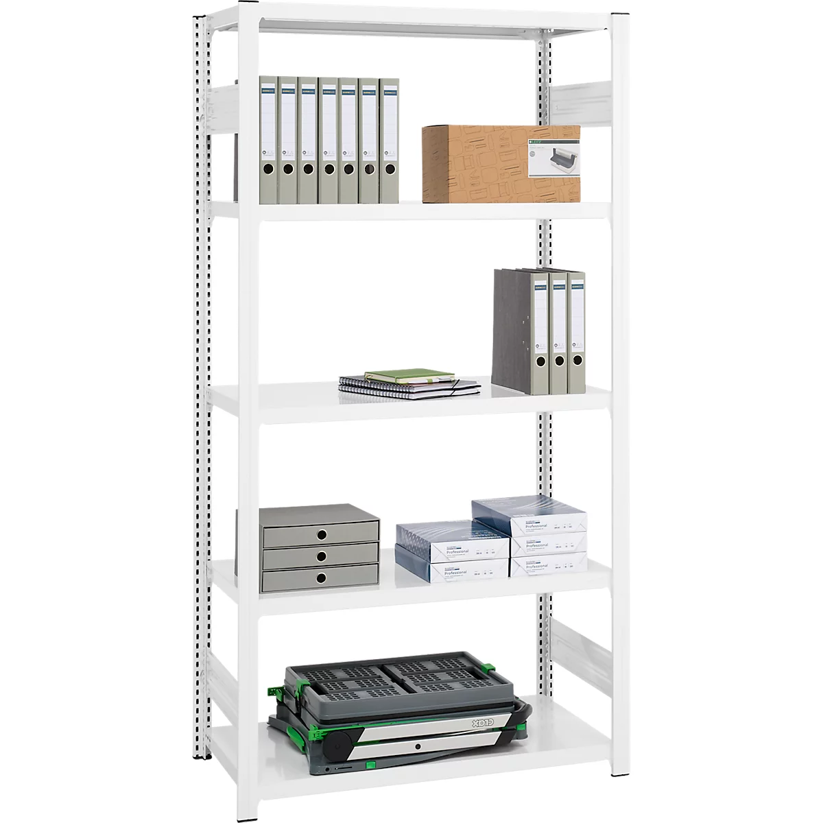 Rayonnage emboîtable ORDO Professional - acier - élément de base – modulaire – charge admissible 1200 kg - l. 1060 x P 535 x H 2000 mm - avec 5 tablettes – blanc trafic RAL 9016