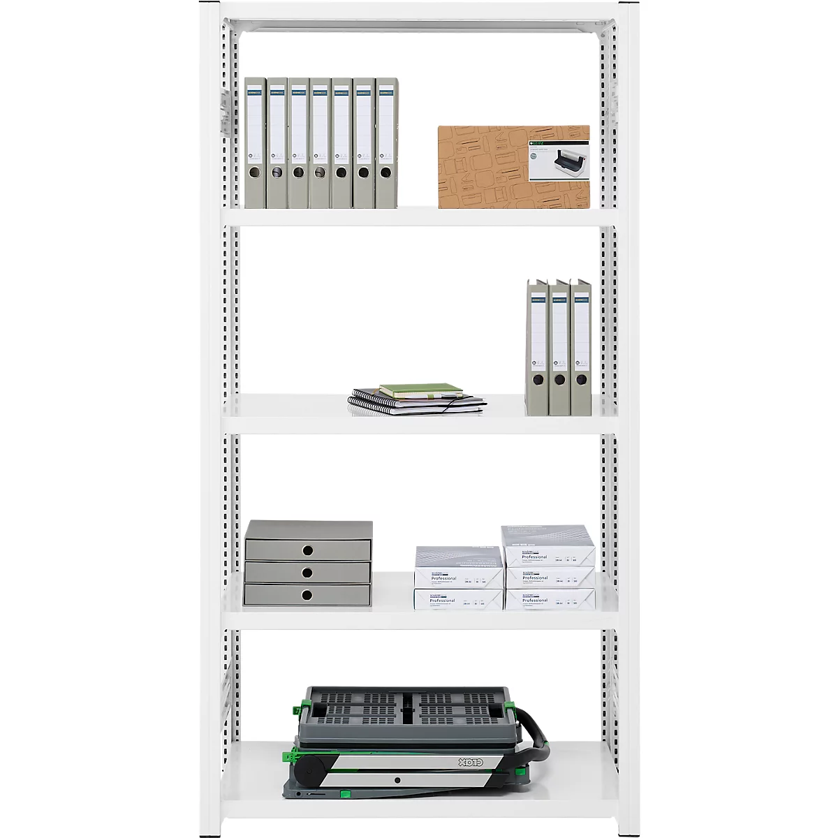 Rayonnage emboîtable ORDO Professional - acier - élément de base – modulaire – charge admissible 1200 kg - l. 1360 x P 635 x H 2000 mm - avec 5 tablettes – blanc trafic RAL 9016