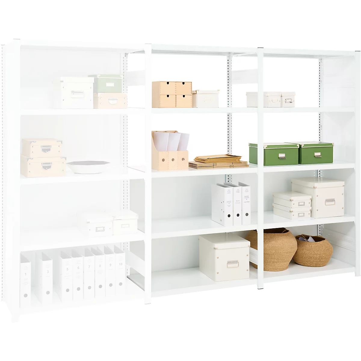 Rayonnage emboîtable ORDO Professional, rayonnage annexe, modulaire, 5 tablettes, charge admissible par tablette 140 kg, charge admissible par élément 1200 kg, L 1010 x P 435 x H 2000 mm, acier, blanc trafic RAL 9016